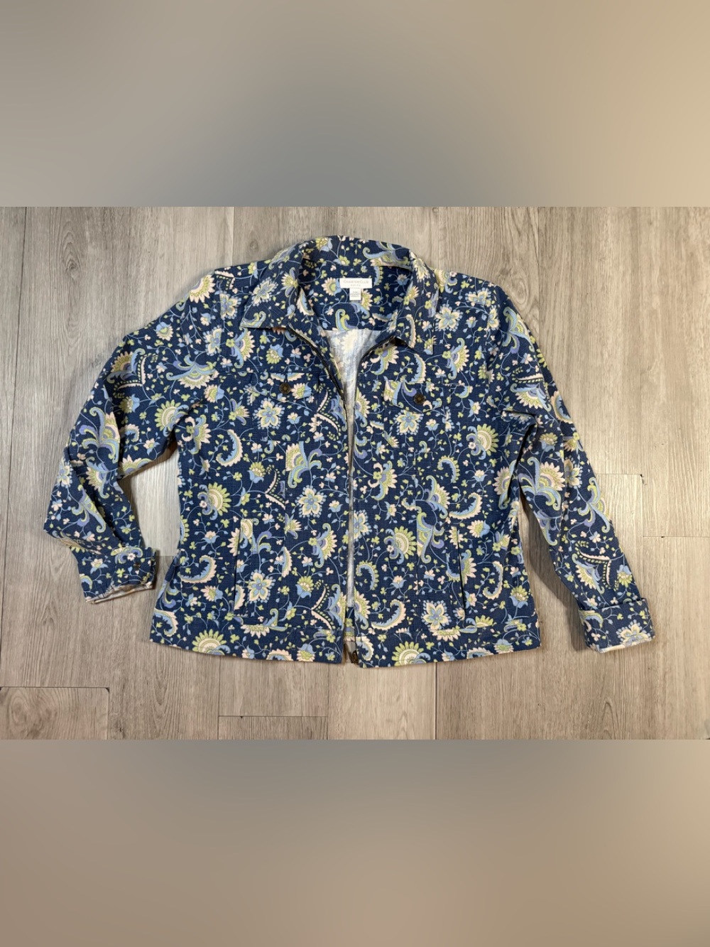 Charter Club Womens Petite P/M Blue Green Paisley Full Zip Collared Jacket